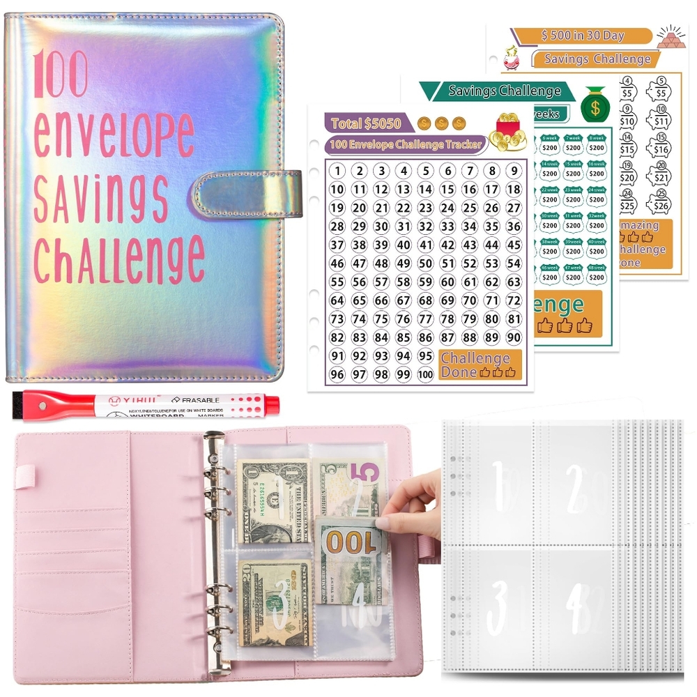 100 Envelopes Challenge Binder, Money Saving Budget Binder with Cash Envelopes